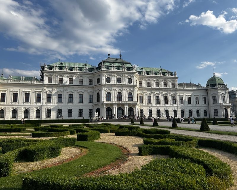 The Belvedere seen from its formal gardens, with clipped box parterres in the foreground