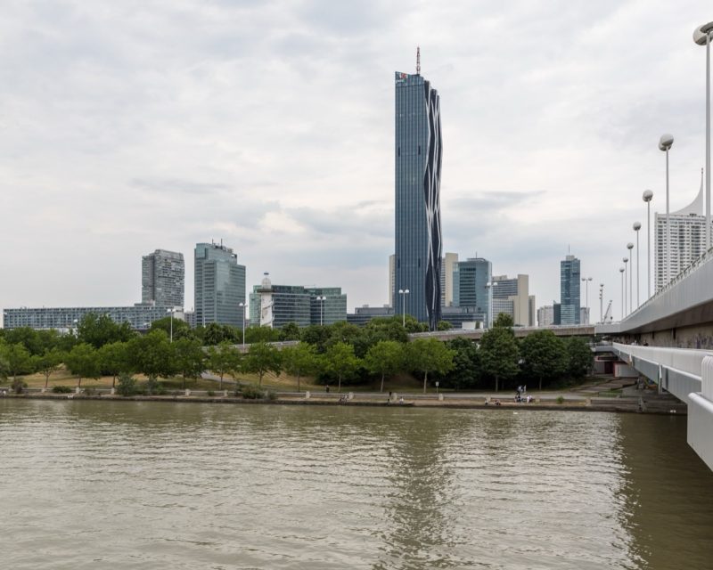 The Donau City skyline along the Danube, the Donauturm on the left
