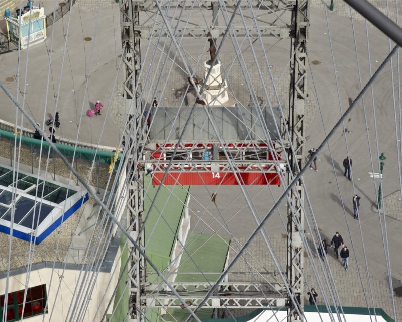 The view down from a Riesenrad gondola over the Prater far below