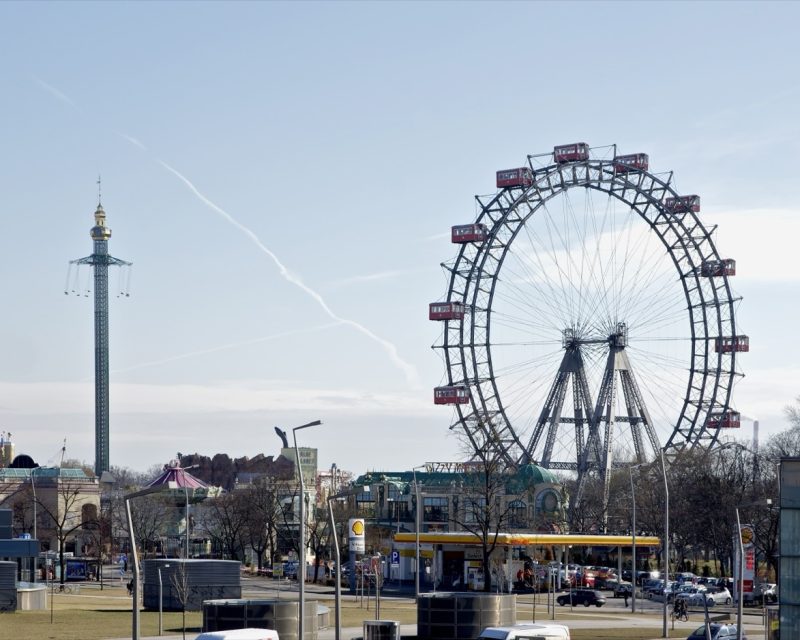 The Riesenrad and the Prater Tower rising over the funfair