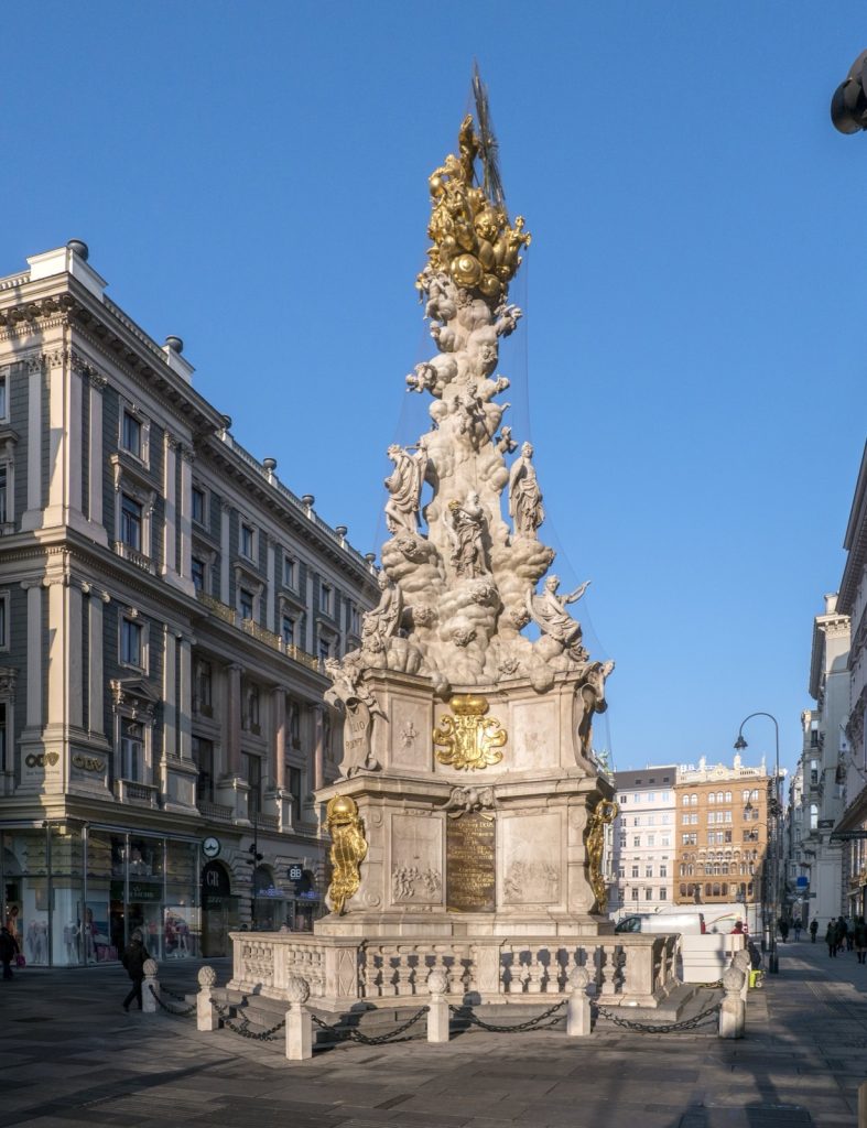 The Plague Column on the Graben, its gilded and white marble figures rising over the street
